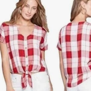 Universal Thread Tie Front Crop Top Red Plaid Sz XL